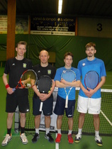 Sisäkauden II-divisioona 2014-15 WaTC-OVS2 17.01.2015 ottelun pelaajat vasemmalta: Mika itänen, Antti Aho (WaTC), Eliel Haapanen ja Jaakko Moilanen (OVS2)